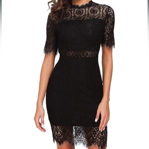 Black High-Neck Short Sleeve Lace Dress